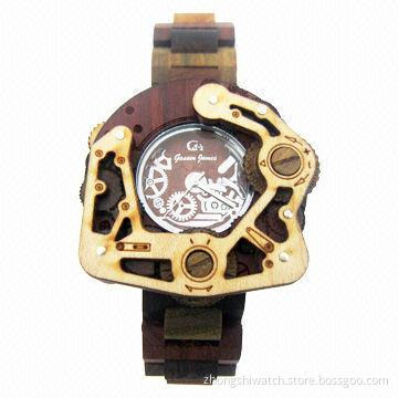 Classic Creative Wooden Watch with Complex Structure and Gear on Bezel